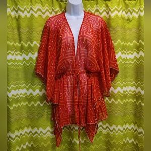 Sheer Geometric Print Batwing Top With Beaded Trim